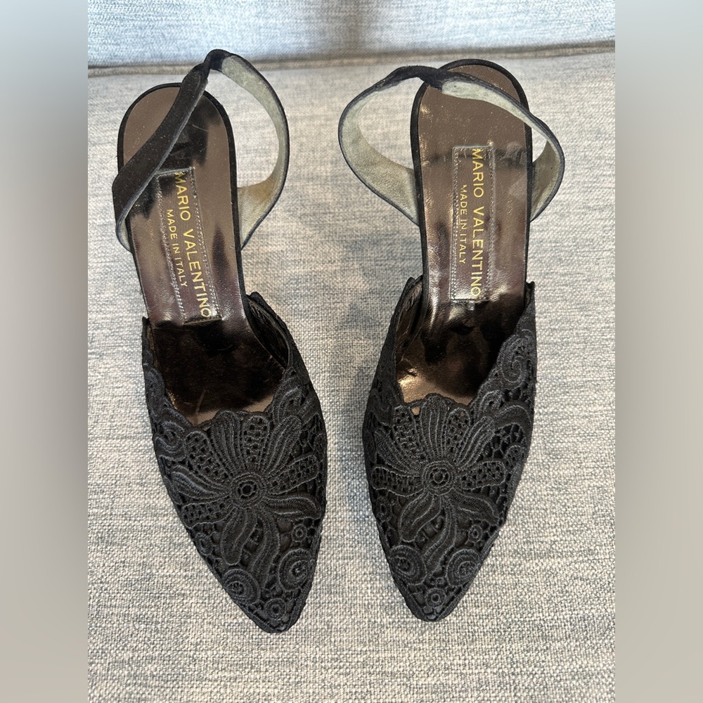 Mario Valentino Lace Pointed Toe Satin Heels in Black